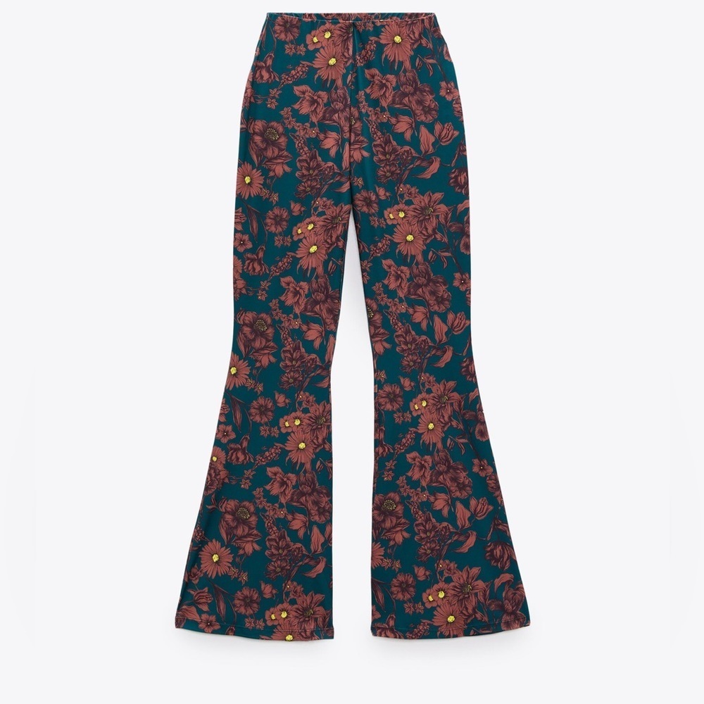 NWT Zara Green Red Floral High Rise Wide Leg Pants